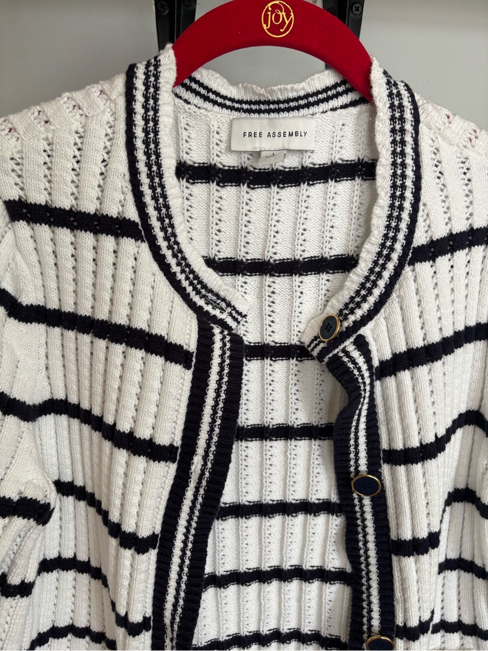 Women's White and Dark Blue Striped Knit Cardigan